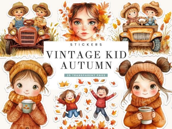 Download Vintage Autumn Kids Fussy Cut Stickers - Vintage Collection